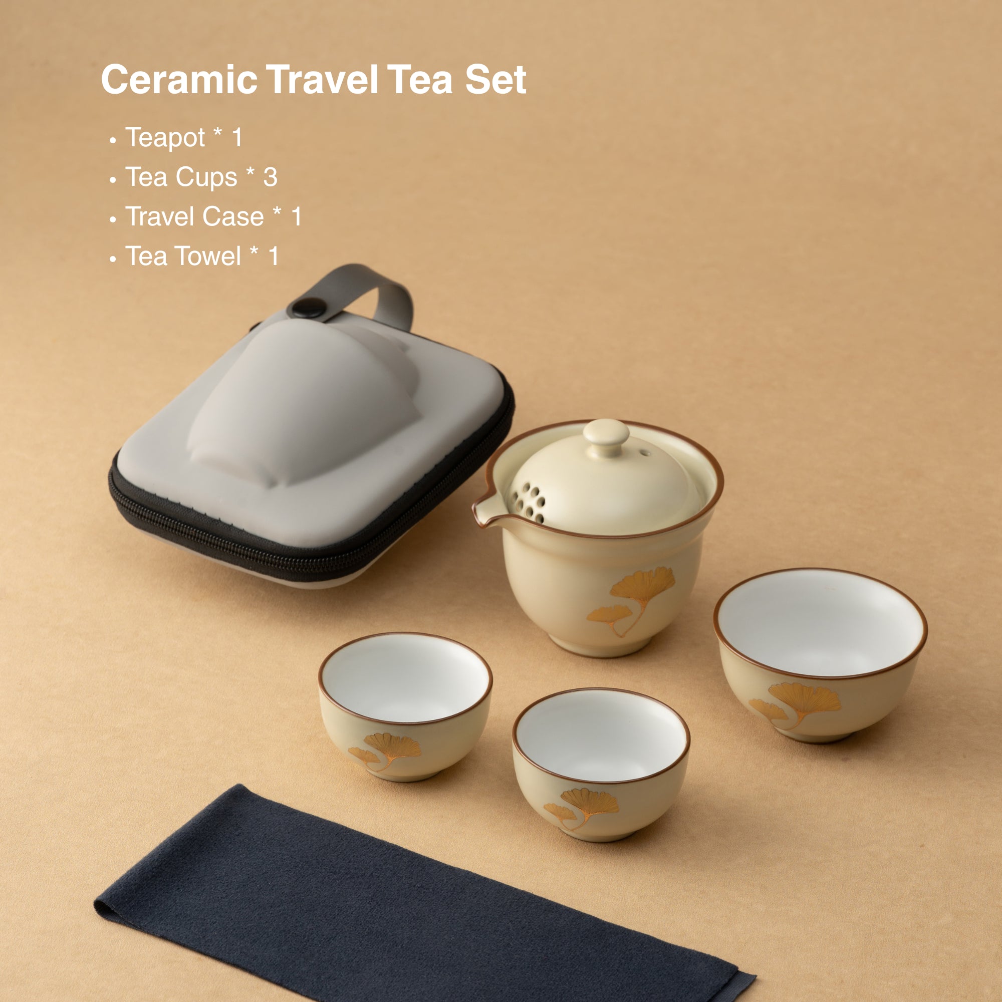 Portable Ceramic Gongfu Travel Tea Set | 1 Pot, 3 Cups &amp; Travel Case